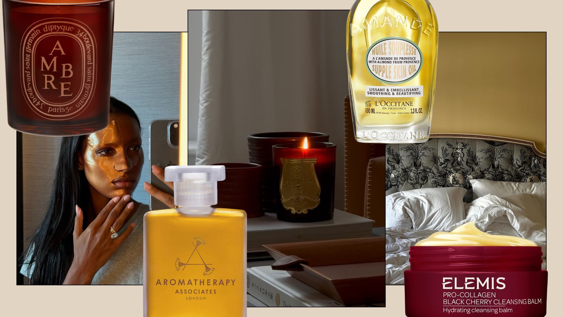 A collage with autumnal beauty products and candles and pictures of cosy autumn interiors and a picture of Jasmine Tookes wearing a face mask