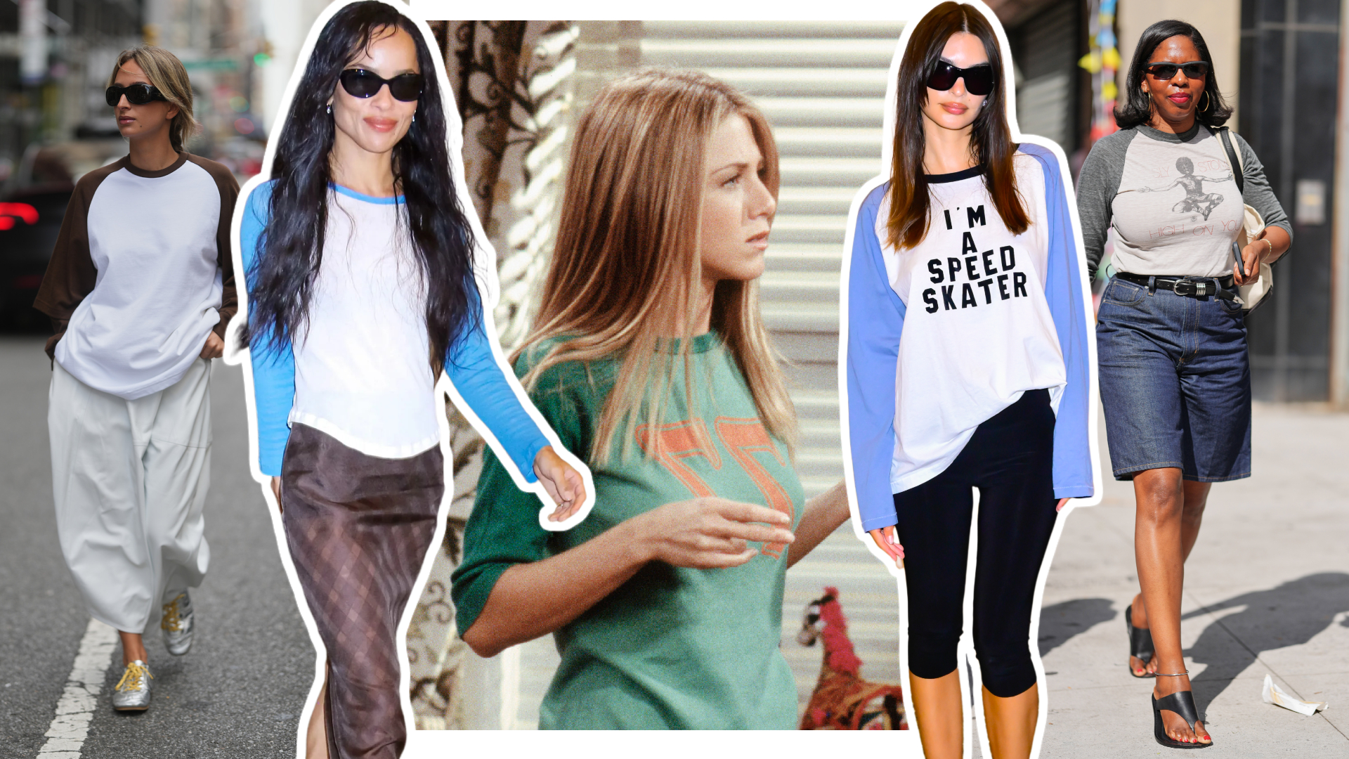 a collage of the baseball-style raglan t-shirt trend at fashion week, on Zoe Kavitz, Emily Ratajkowski, and Jenifer Aniston on 'Friends'