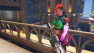 Screenshot of Sierra from Overwatch, a damage hero with a long hot pink braid posing with her rifle.
