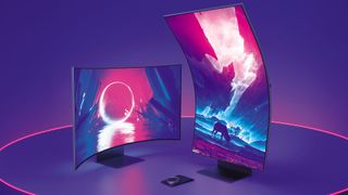 Samsung Odyssey Ark monitors with left screen horizontal and right screen in 'cockpit' mode with purple backdrop