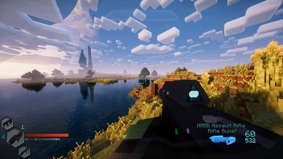 Halo Rogue gameplay showing a Halo assault rifle overlooking a Minecraft lake and distant structures