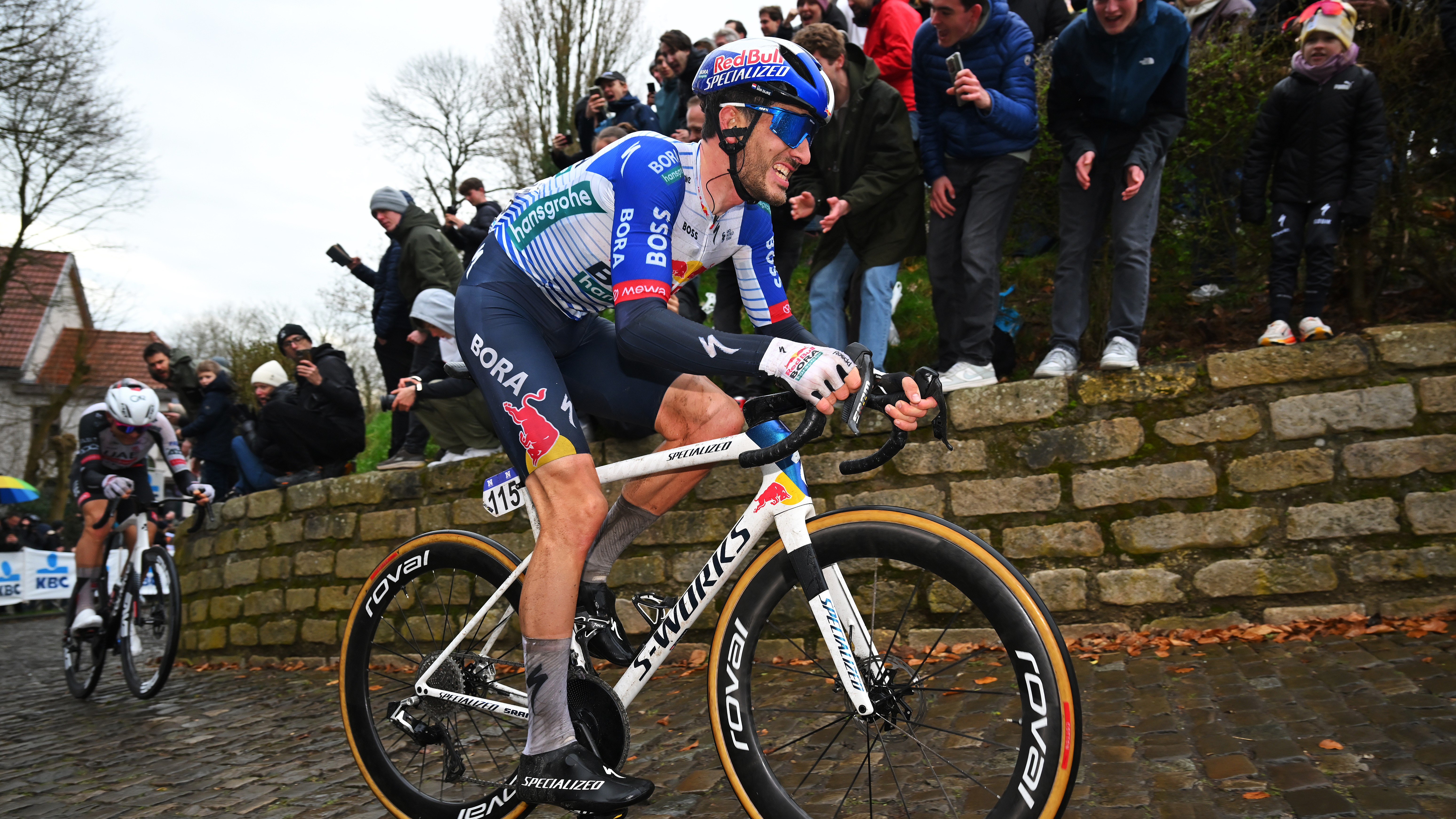 Tim van Dijke of Netherlands and Team Red Bull - BORA - hansgrohe competes passing through the Muur - Kapelmuur cobblestones sector during the 21st Omloop Het Nieuwsblad 2026