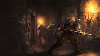 Dark and Darker art - three fantasy characters in a hallway while a fourth hiding in the shadows gets ready to stab somebody