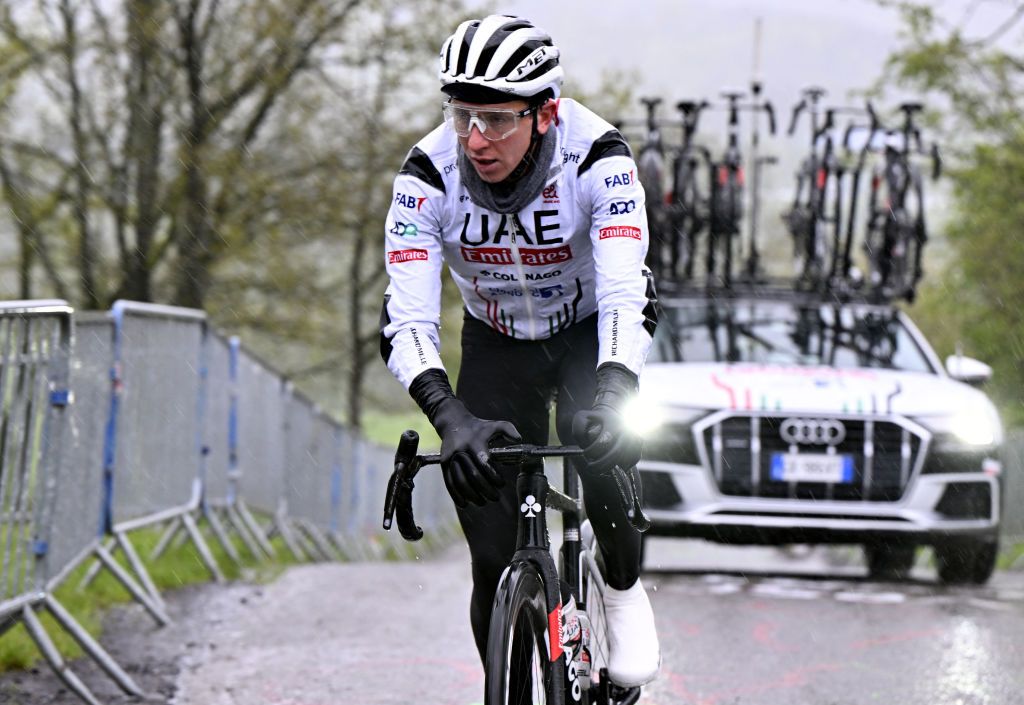 UAE Team Emirates&#039; Slovenian rider Tadej Pogačar cycles during a training and track reconnaissance session, on the &#039;Cote de la Redoute&#039;, in Remouchamps, Aywaille, ahead of the Liege-Bastogne-Liege one day cycling race on April 19, 2024. (Photo by ERIC LALMAND / Belga / AFP) / Belgium OUT