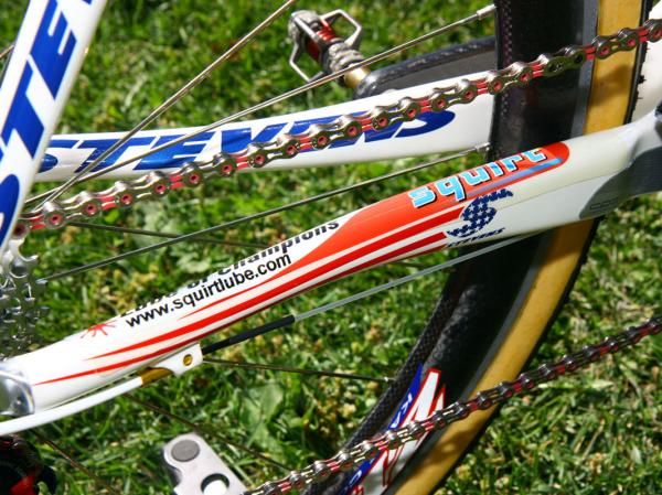 Mechanic/manager/trainer Mark Legg-Compton says he likes the wax-based Squirt chain lube for its ease of cleaning in between messy laps.