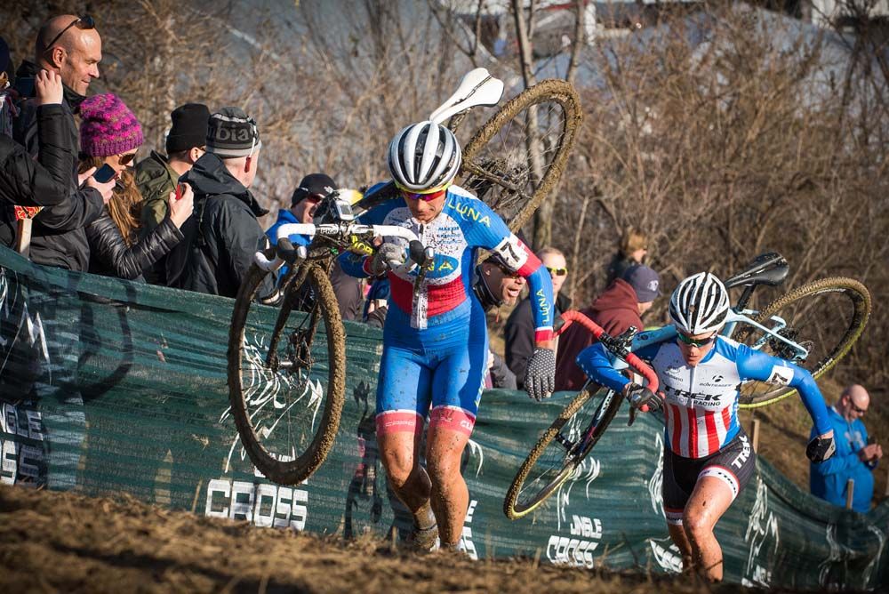 Katrina Nash (Luna) and Katie Compton (Trek) look for solid footing up the muddy slopes of Mt. Krumpit