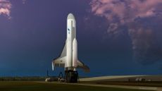 Boeing's Phantom Express XS-1 space plane design is shown in launch position in this artist's concept. The autonomous spacecraft is designed to launch vertically, deploy a second stage payload into orbit and return to Earth for a runway landing.