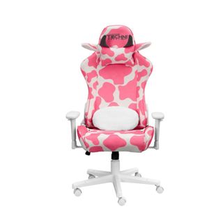 A pink and white cow patterned gaming chair