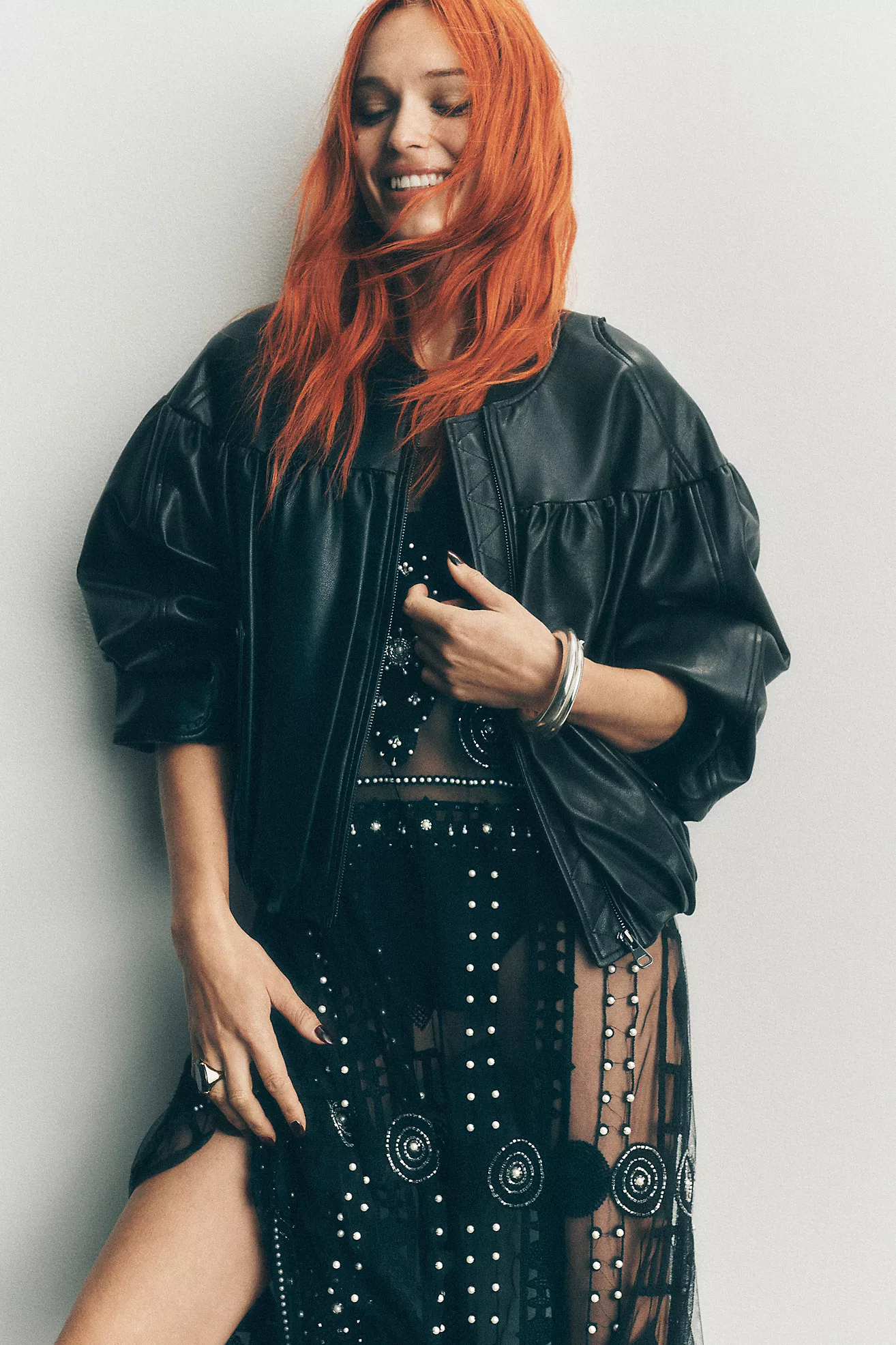 By Anthropologie Faux Leather Crop Bubble Bomber Jacket