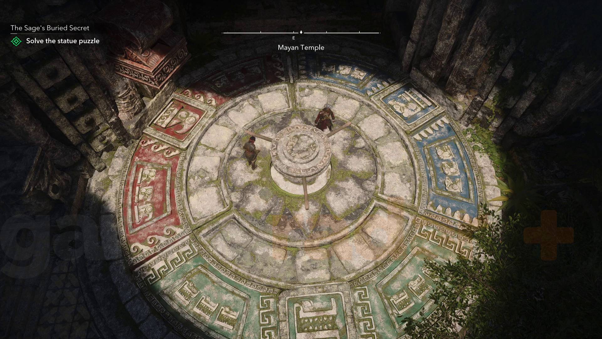 Assassin's Creed Black Flag Resynced mayan temple statue puzzle turntable with red, green, and blue sections and corresponding statues