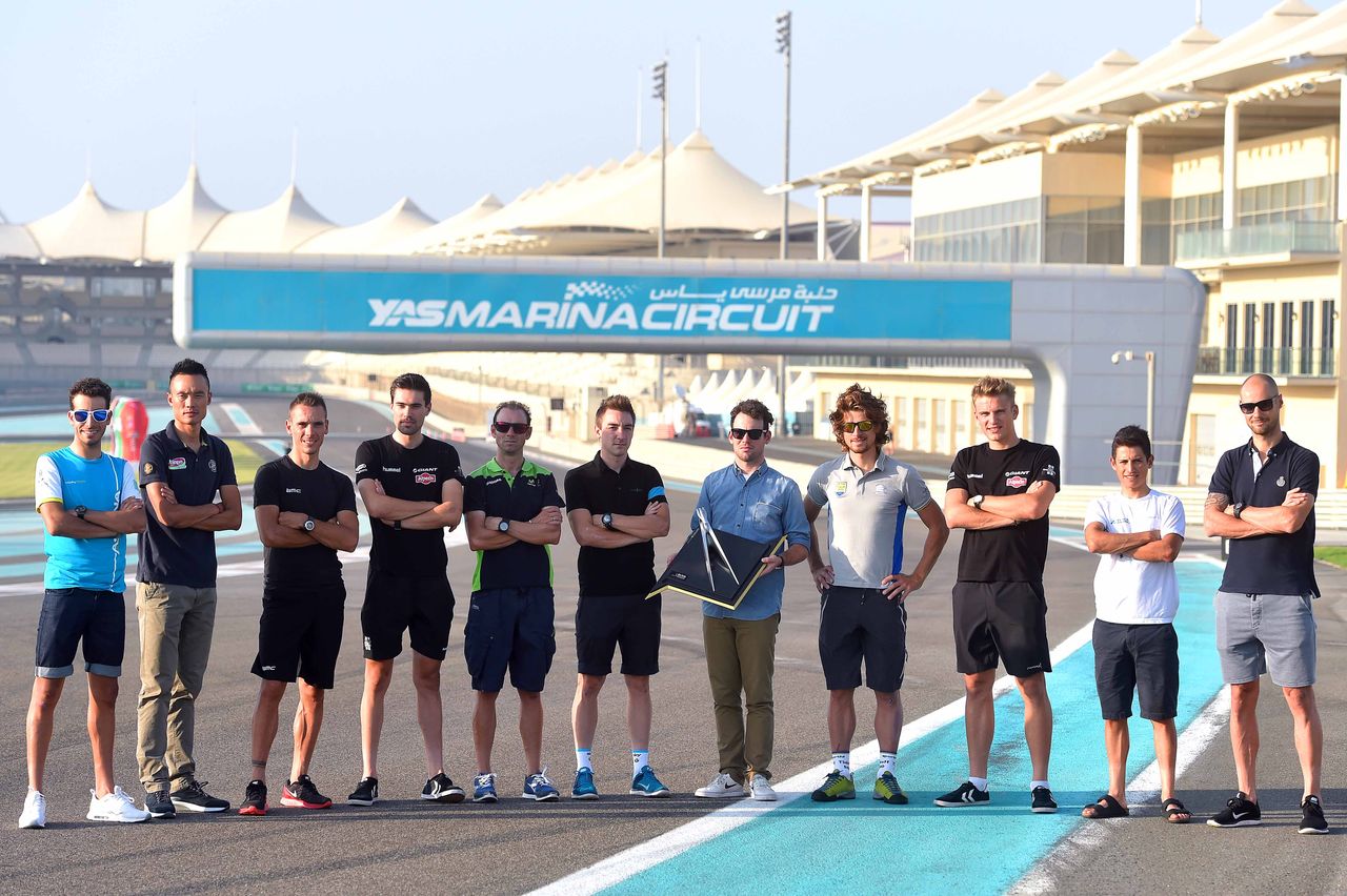 Riders pose before the Abu Dhabi Tour opening press conference