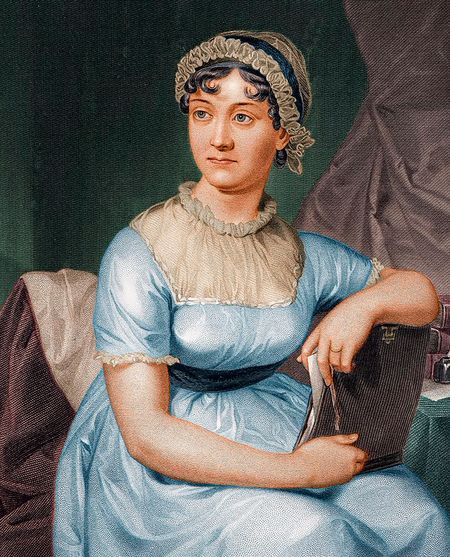 English novelist Jane Austen depicted in a colourised lithograph from 1873, based on the engraving in her nephew James Austen-Leigh's biography published in 1869, itself based on earlier pictures. Image shot 1873.