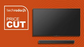 black soundbar and TV against orange background