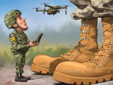 Small defence stocks MoneyWeek illustration - small soldier operating a drone in front of two huge army boots