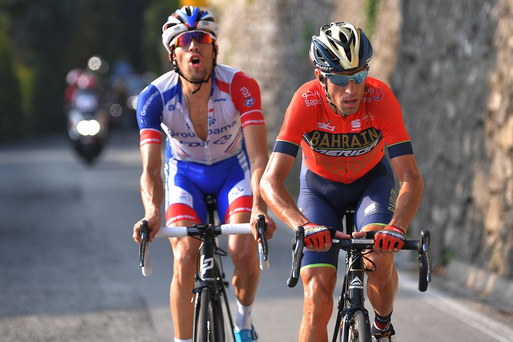 Thibaut Pinot and Vincenzo Nibali ride near the end of Il Lombardia