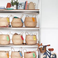 Labelled storage baskets on shelves
