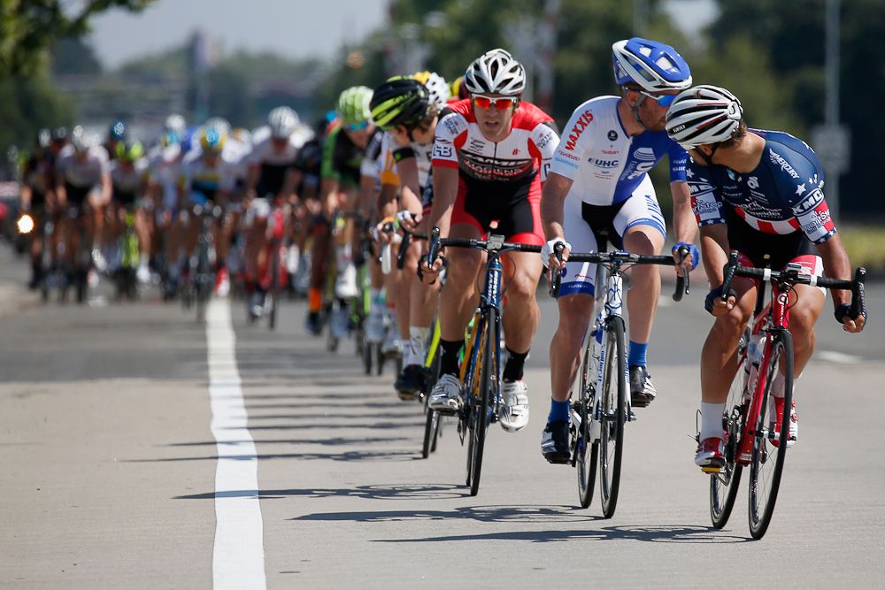 US champion Eric Marcotte checks over his shoulder as he leads the bunch.