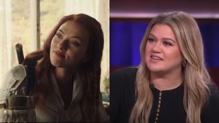 Left: Scarlett Johansson as Black Widow, sitting at a table in Black Widow. Right: Kelly Clarkson chatting with a guest on the Kelly Clarkson Show.