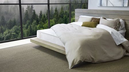 Saatva Zenhaven mattress in a bedroom with a wooden bed, rattan carpet, and large crittal windows to the left with a foggy landscape filled with trees