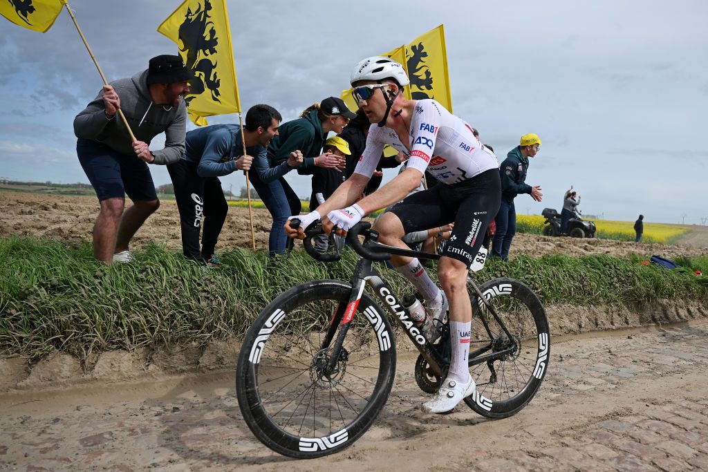 ROUBAIX FRANCE APRIL 07 Tim Wellens of Belgium and UAE Team Emirates competes passing through the Qurnaing Maing cobblestones sector during the 121st ParisRoubaix 2024 a 2597km one day race from Compiegne to Roubaix UCIWT on April 07 2024 in Roubaix France Photo by Dario BelingheriGetty Images