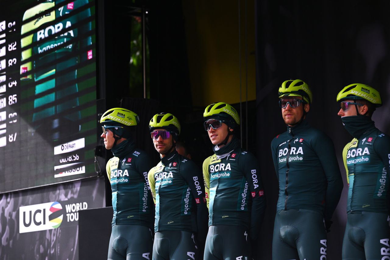 Bora-Hansgrohe team line up for Liege Bastogne Liege 2024