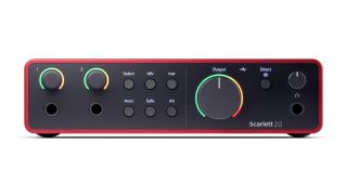 The front panel of a Focusrite Scarlett 2i2 4th Gen audio interface