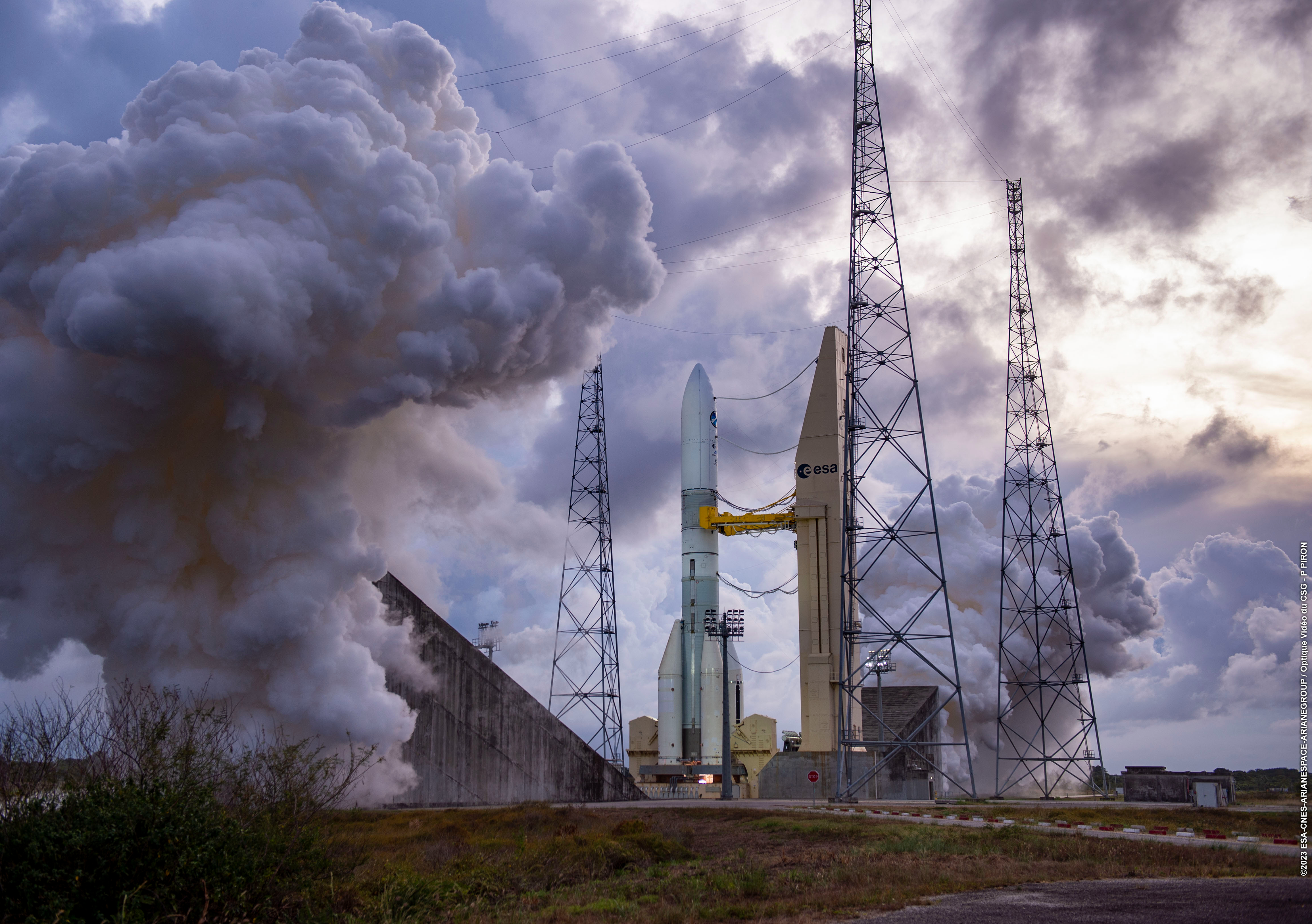 An Ariane 6 test model on the launch pad in Kourou, French Guidana during a hot-fire test on Nov. 23, 2023, which lasted more than seven minutes.