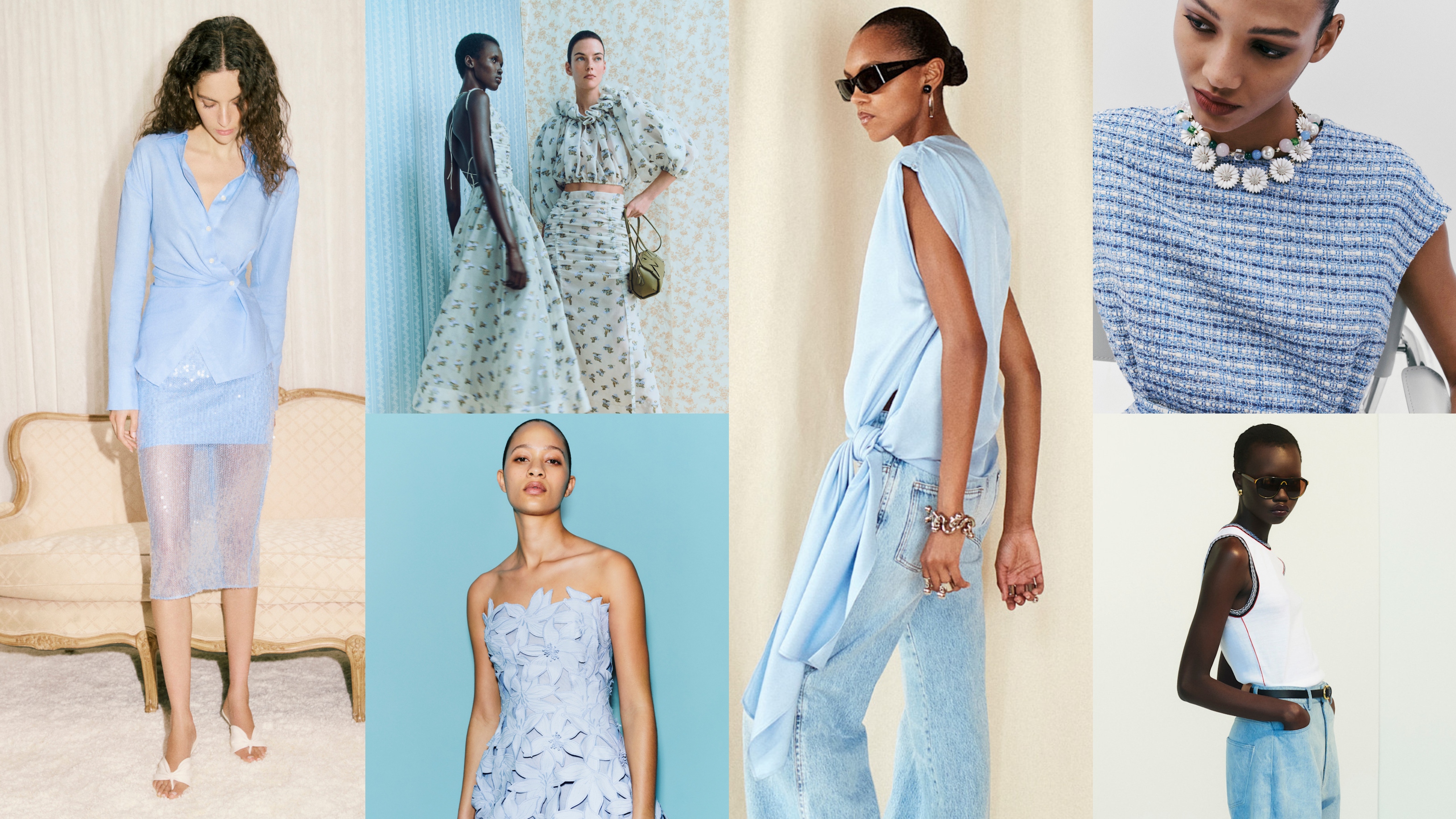 collage of pre-fall 2026 collections from veronica beard, ulla johnson, sacai, sportsmax, carolina herrera, and adam lippes 