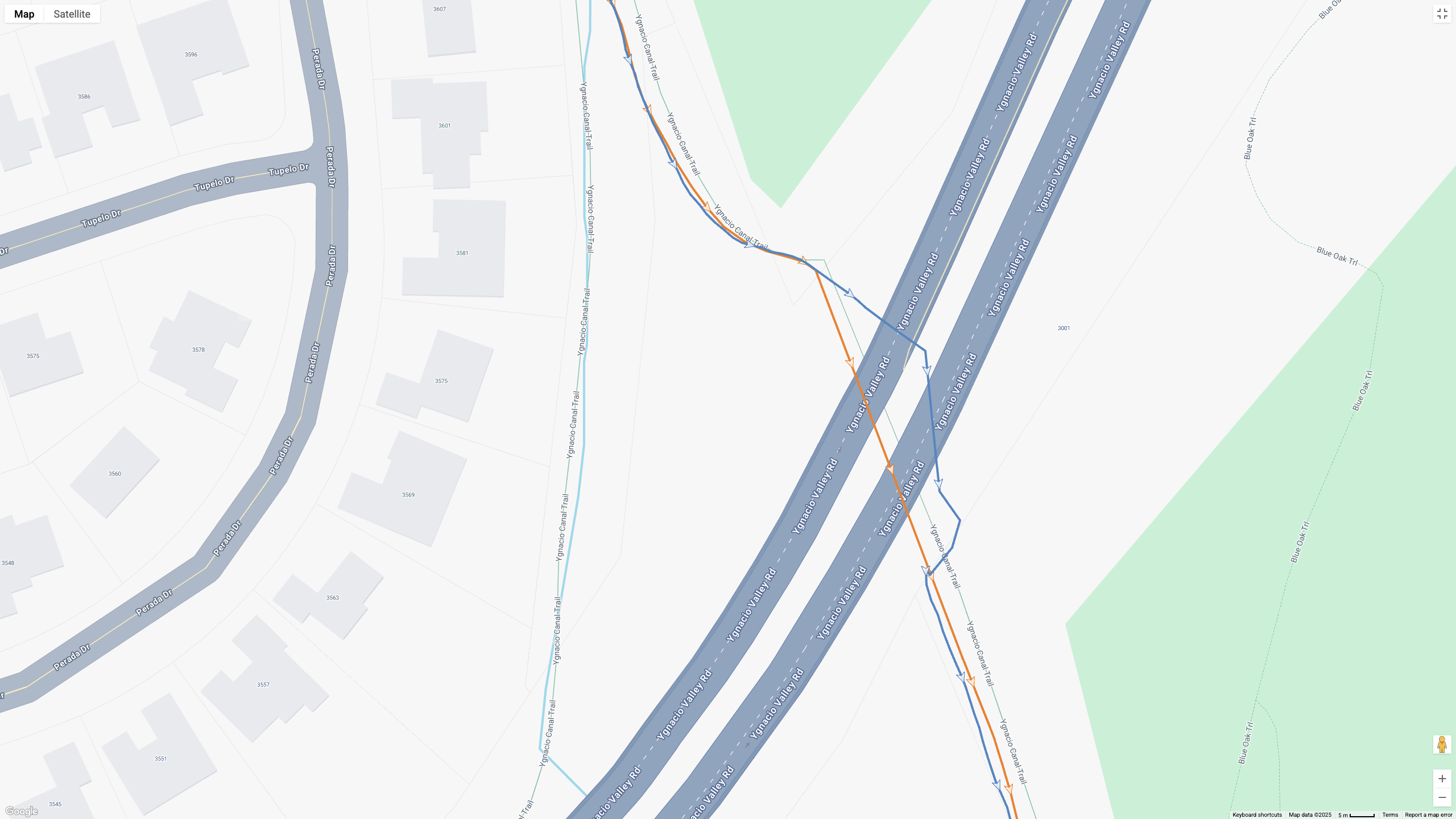 A Google Maps map view showing GPS location data for a workout, with the COROS APEX 4 (orange line) and Garmin Forerunner 970 (blue line) showing how their dual-band GPS tracking compares.