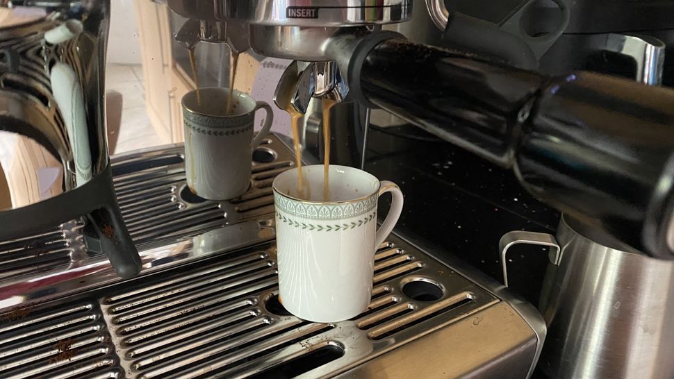 Pulling espresso shot using Sage the Barista Express Impress coffee maker