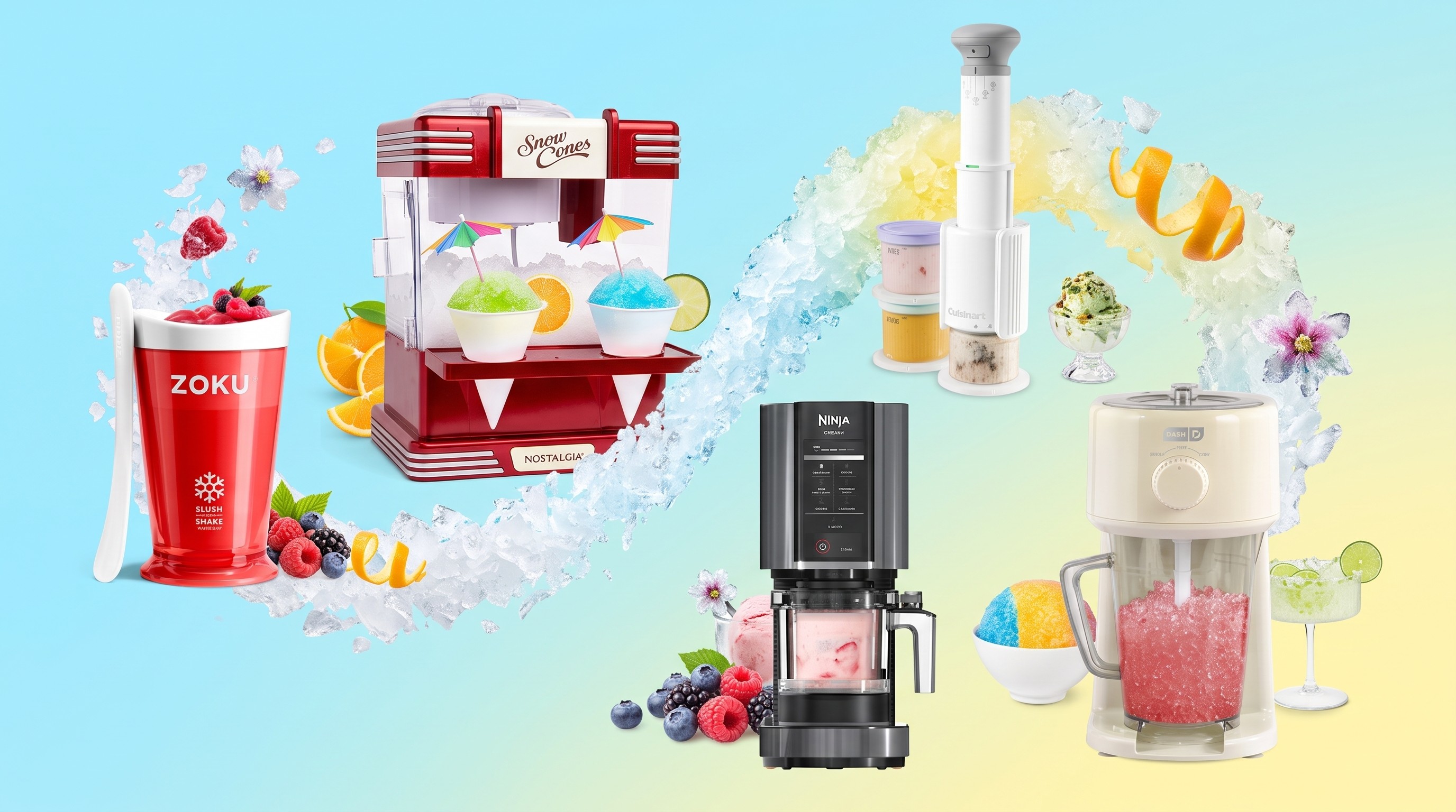 Ice cream makers and slushie makers on a blue and yellow background with ice.