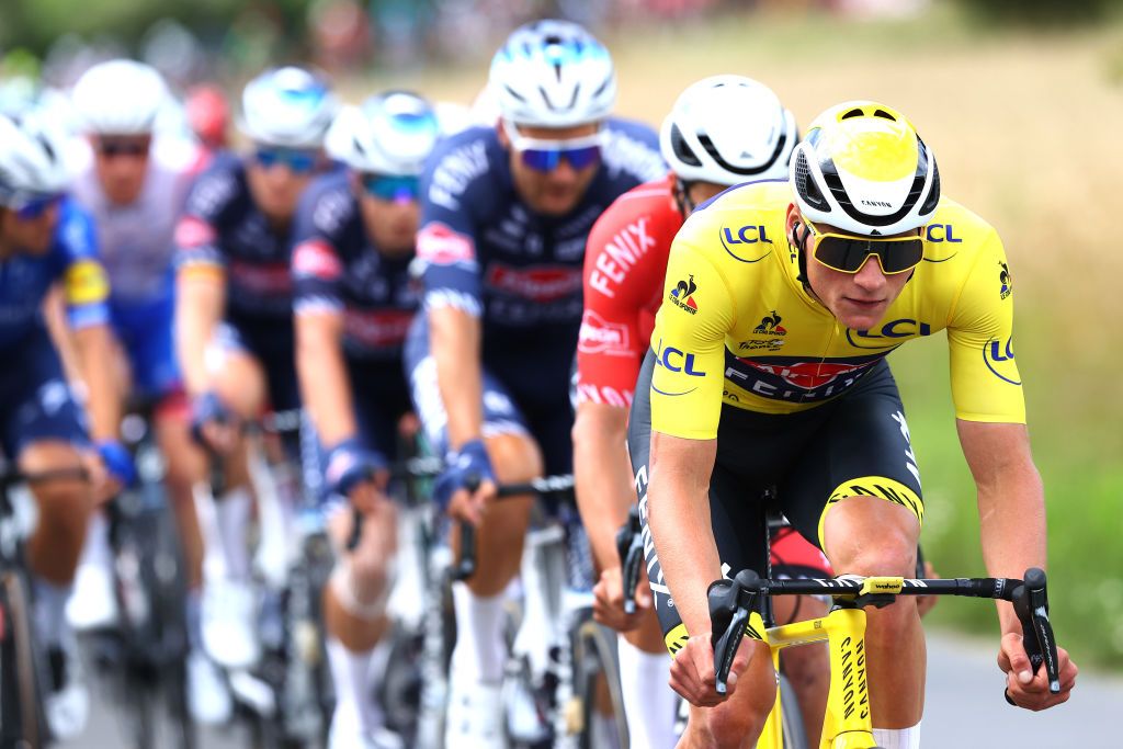 Mathieu van der Poel of The Netherlands and Team AlpecinFenix yellow leader jersey during the 108th Tour de France 2021 