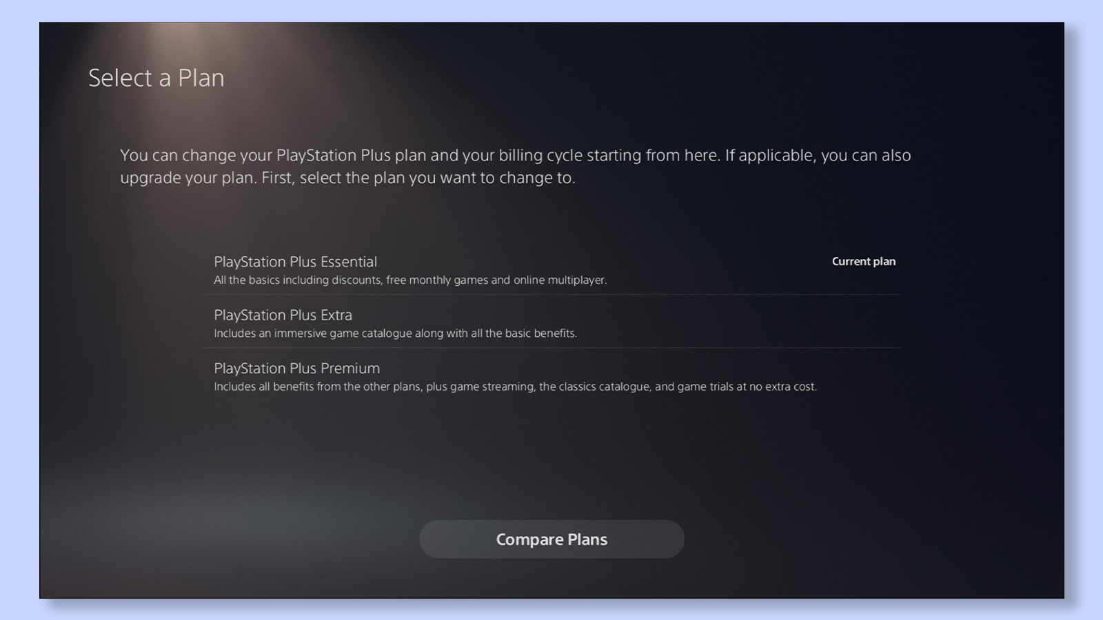 Шестой и последний шаг для изменения Playstation Plus, экран сравнения планов