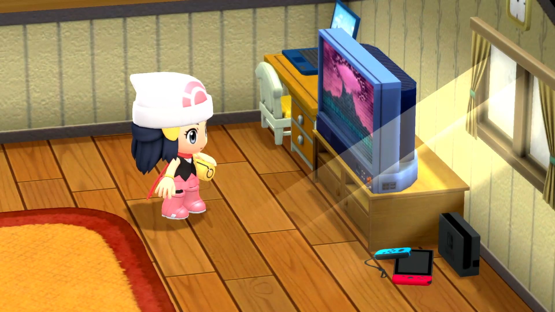 Karakter Pokemon Brilliant Diamond & Shining Pearl di kamar tidur di sebelah TV dan Switch