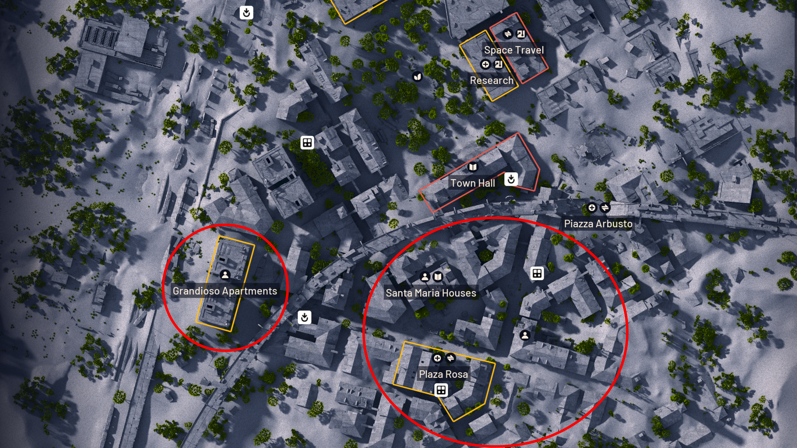 Arc Raiders Red Coral Jewelry: A map of Buried City with two large red circles highlighting key areas to search.