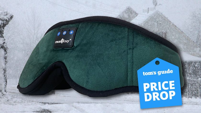 An image of the MUSICOZY Bluetooth Sleep Headphones Eye Mask in green against an image of a snow storm, a Tom's Guide Price Drop deals graphic in the bottom right corner