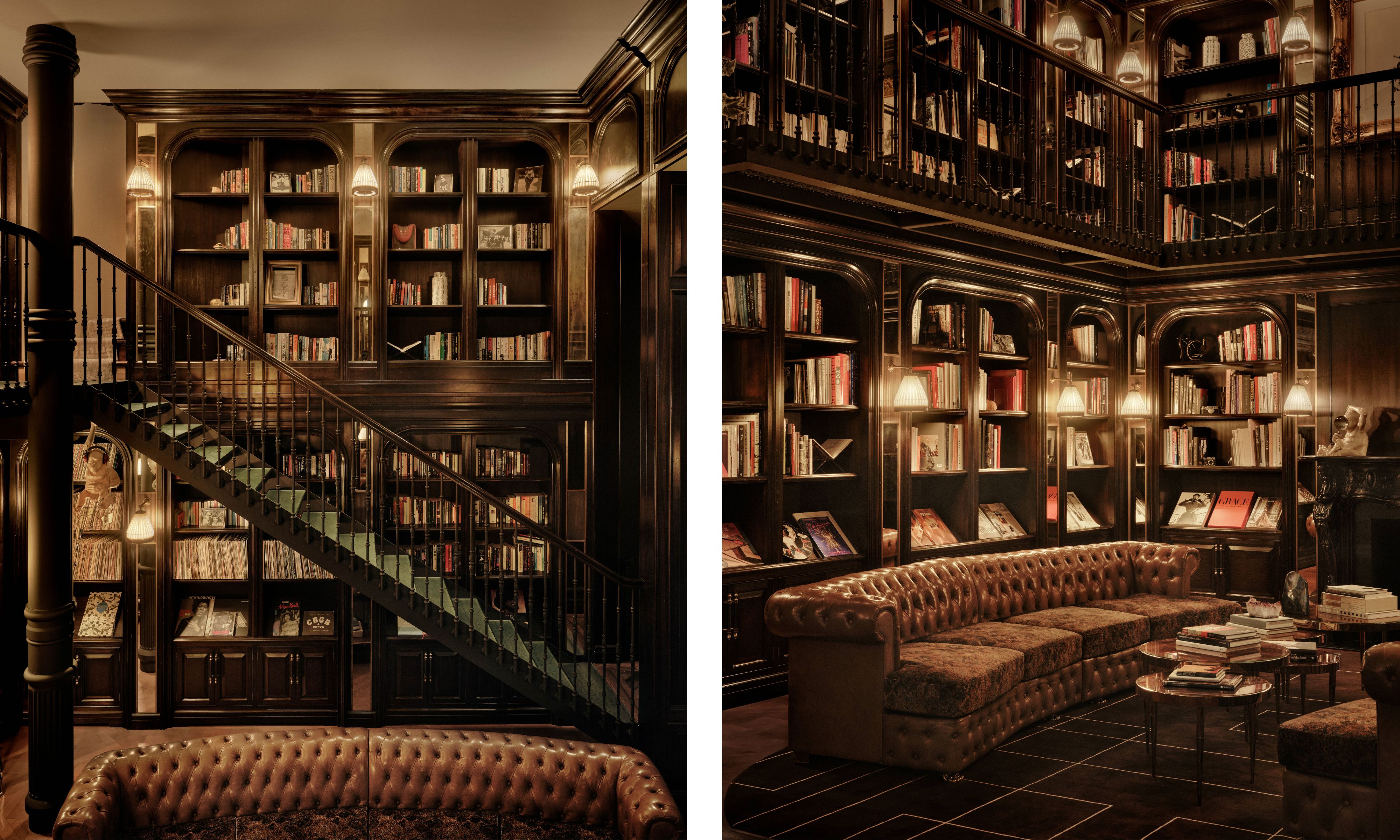 Two images of a home library with floor to ceiling dark wooden bookcases filled with books and a brown leather Chesterfield sofa with a nest of tables in front
