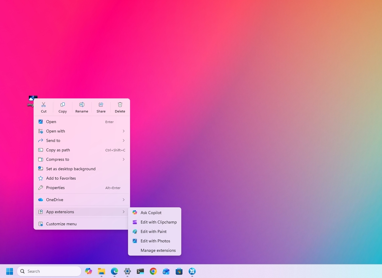Windows 11 desktop with the new context menu open.