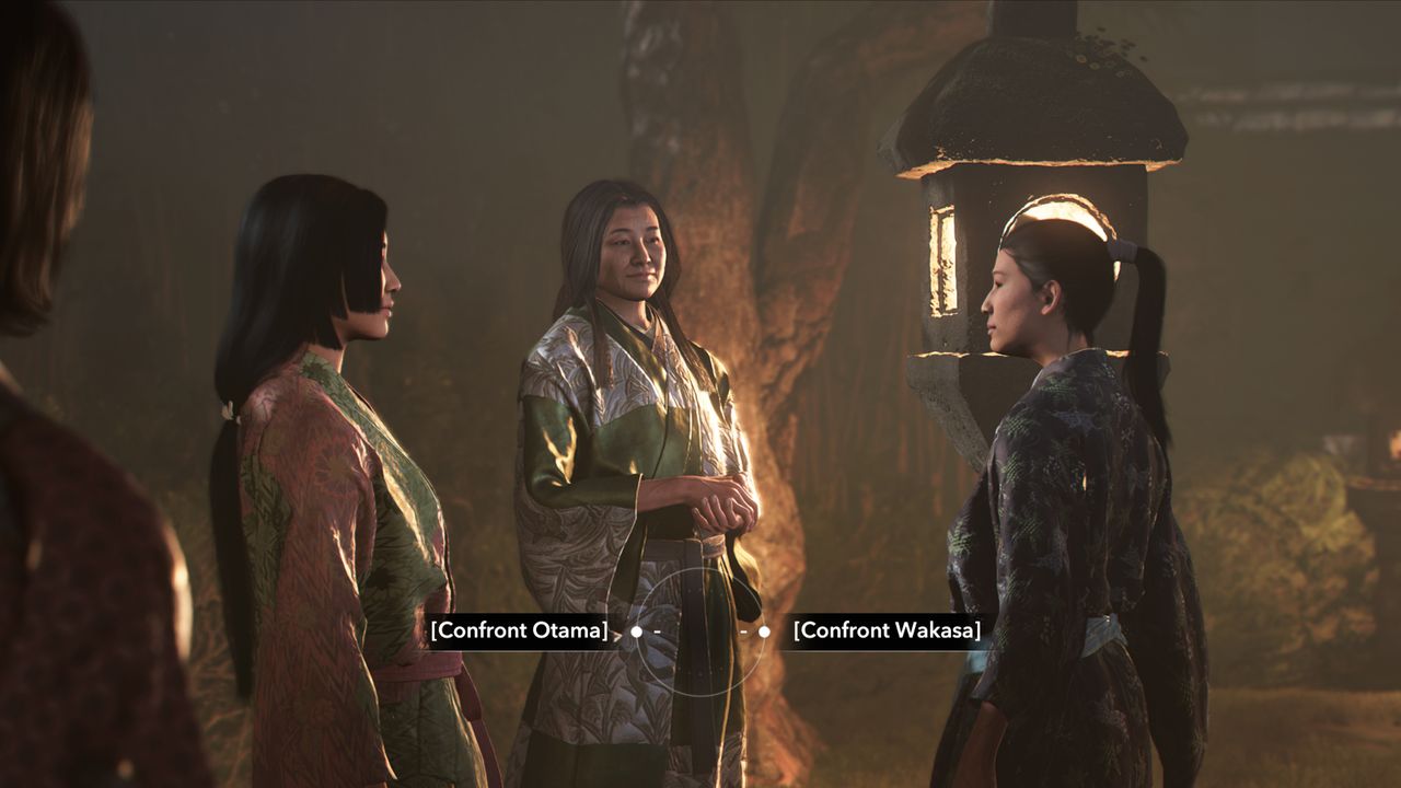 Assassin's Creed Shadows Otama Wakasa choice - The Tea Ceremony choice to either confront Otama or confront Wakasa as they stand out in the garden at night.
