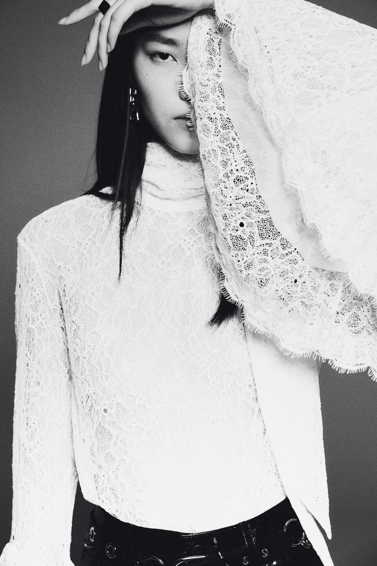 Trumpet-Sleeved Lace Blouse