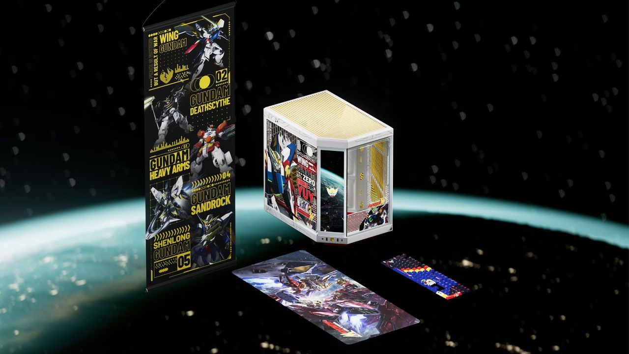 Hyte's Gundam collaboration case, with keycaps, wall art, and mousepad