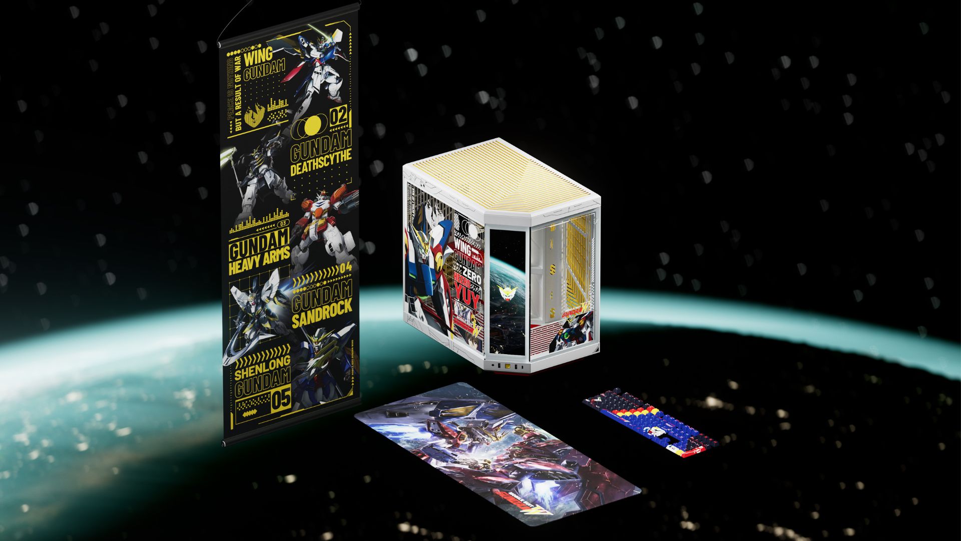 Hyte's Gundam collaboration case, with keycaps, wall art, and mousepad