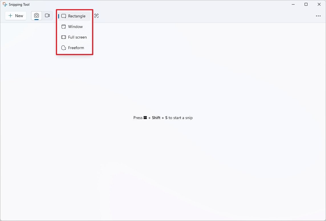 Snipping Tool app screenshot options