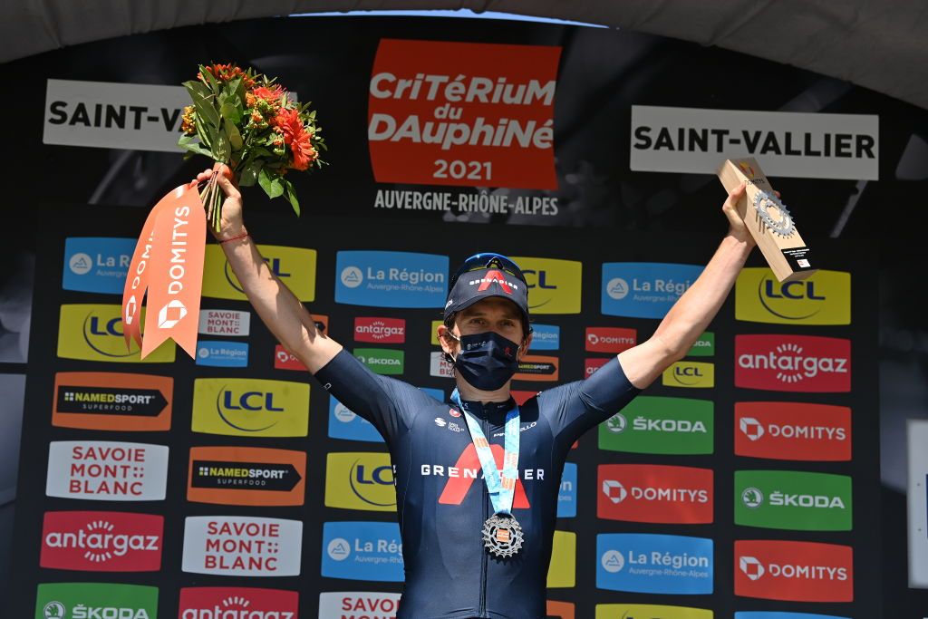 British Geraint Thomas of Ineos Grenadiers celebrates on the podium after winning the fifth stage of the 73rd edition of the Criterium du Dauphine cycling race 1745km from Saint Chamond to SaintVallier France Thursday 03 June 2021BELGA PHOTO DAVID STOCKMAN Photo by DAVID STOCKMANBELGA MAGAFP via Getty Images