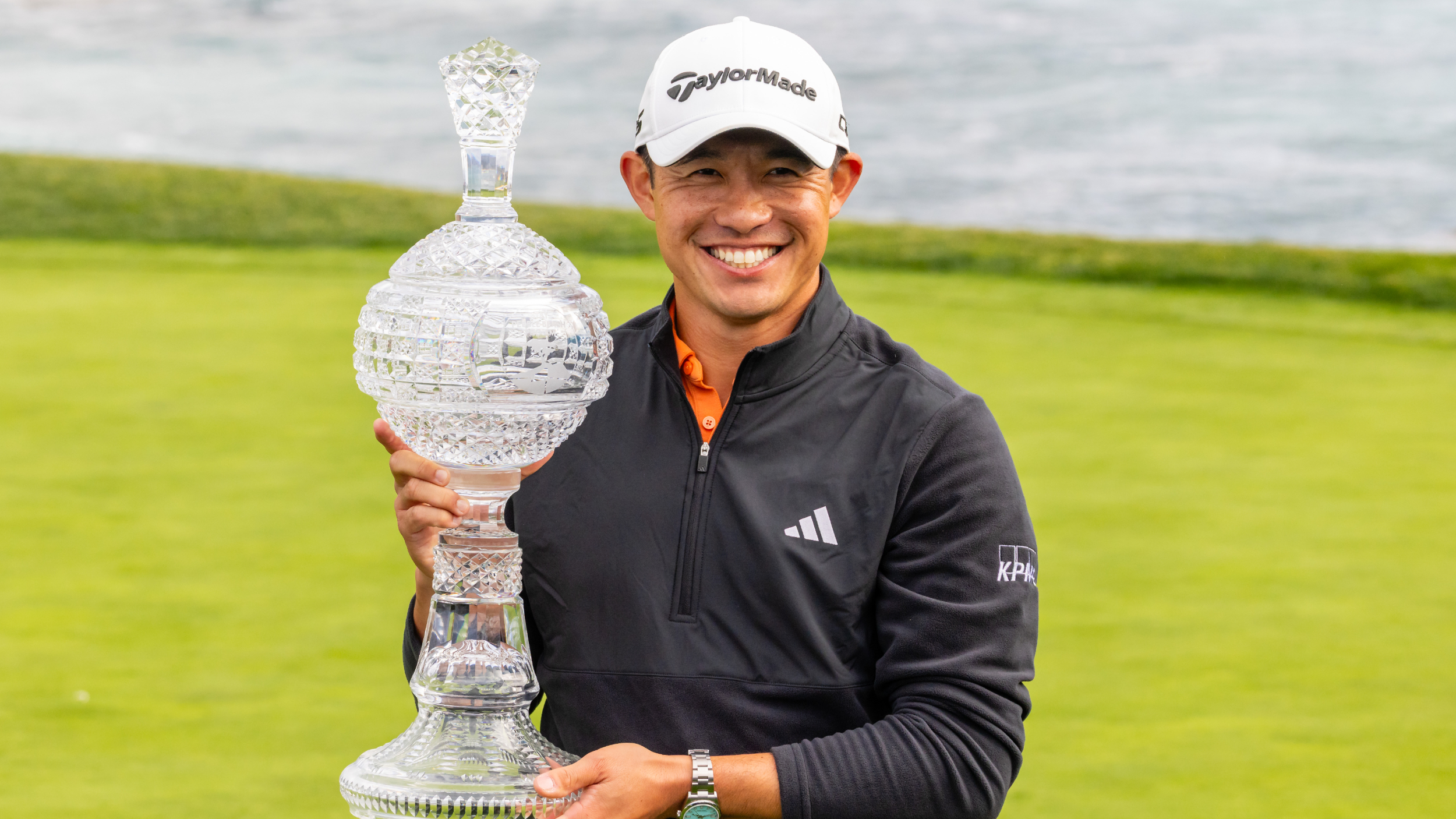 Collin Morikawa with the AT&amp;amp;T Pebble Beach Pro-Am trophy