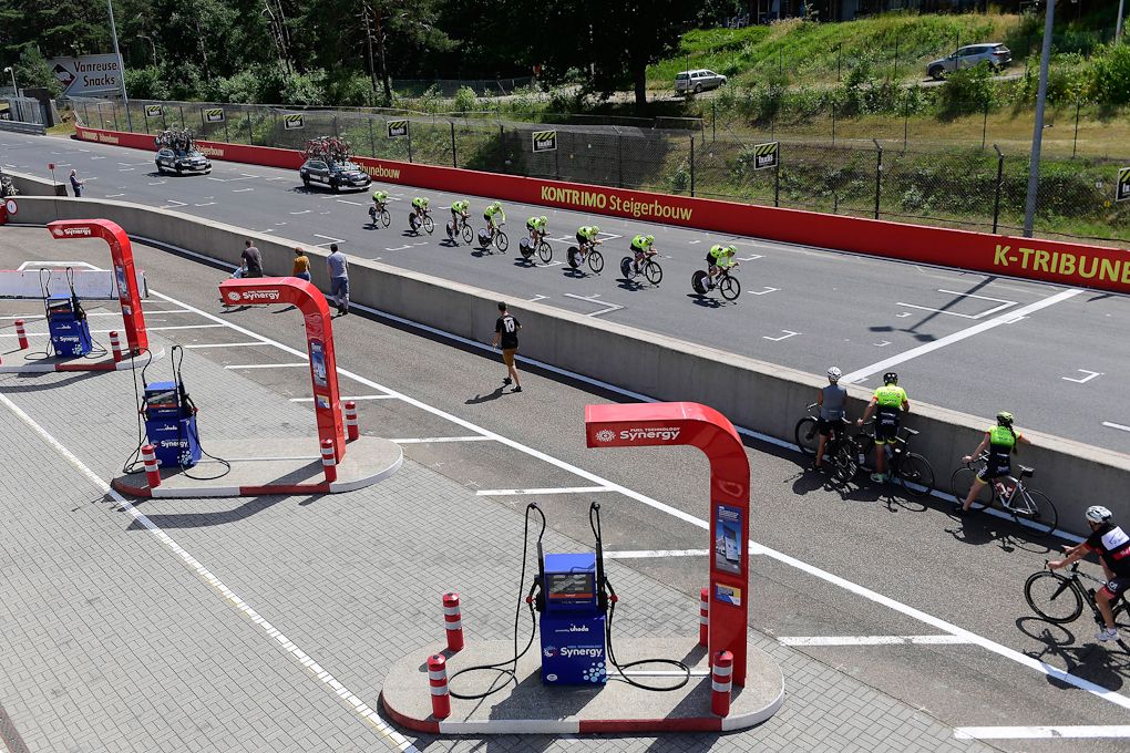 Trek-Segafredo practice their team time trial on an auto circuit in Zolder