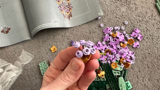 A closeup of individual flower parts from the Lego Flower Bouquet set
