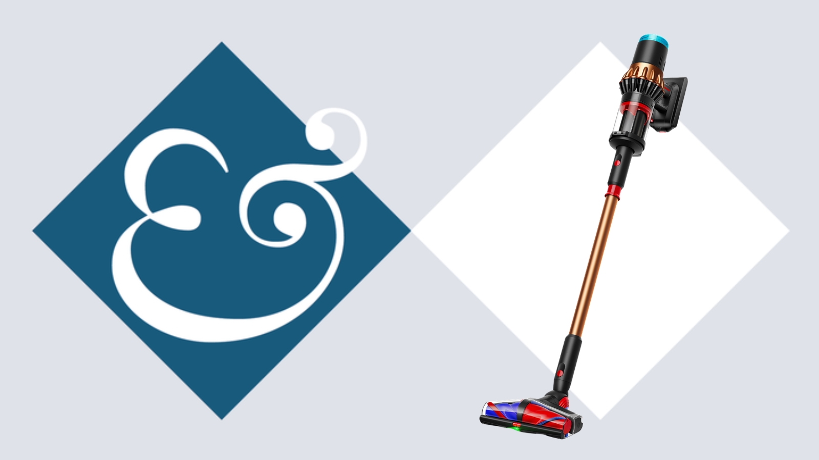 Dyson V16 Piston Animal on tile background next to Homes &amp; Gardens '&amp;' logo.