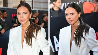 Collage of Victoria Beckham with brunette ponytail and wearing a white tuxedo blazer