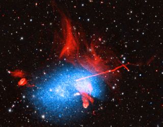 A composite image of galactic cluster Abell 2256 shows the chaotic entanglement of three smaller clusters within it.